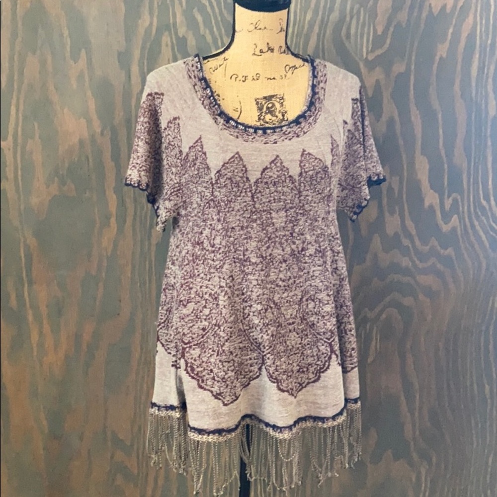 Free People tasseled top with blue crochet trim